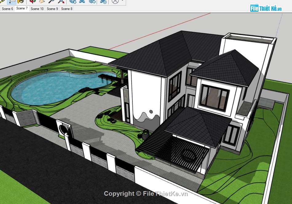 Biệt thự 2 tầng hiện đại,Biệt thự  2 tầng,sketchup biệt thự,file su biệt thự 2 tầng