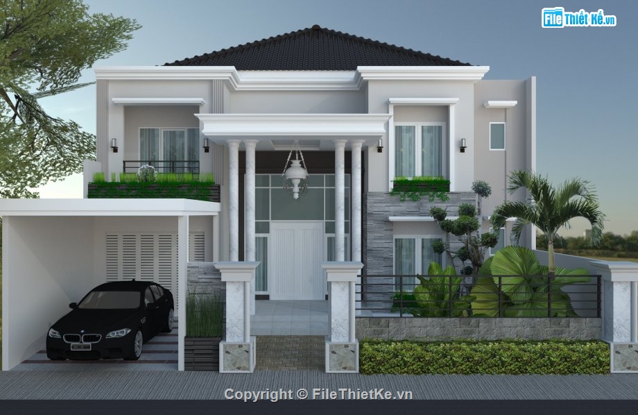 dựng model biệt thự 2 tầng,file sketchup biệt thự 2 tầng,nhà biệt thự dựng 3d su