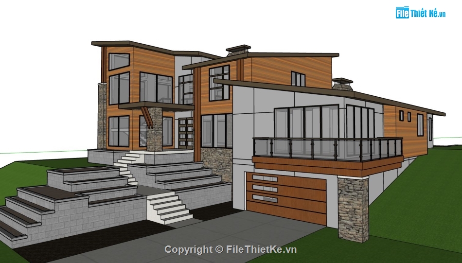 Biệt thự  2 tầng,phối cảnh biệt thự,file sketchup biệt thự 2 tầng,mẫu biệt thự đẹp