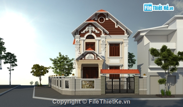 Biet thu 2 tang tan co dien,Biet thu 2 tang 9x13m,Biet thu 2 tang 2 mat tien
