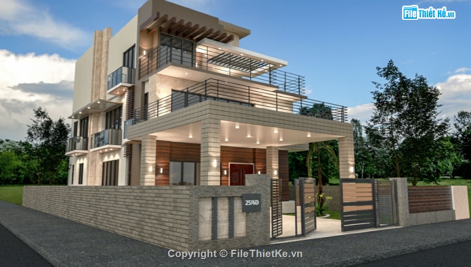 biệt thự 3 tầng,file sketchup biệt thự 3 tầng,biệt thự hiện đại