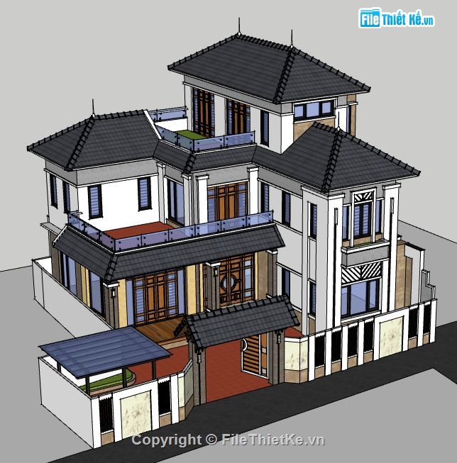 Biệt thự chữ L 3 tầng,file su biệt thự,model su biệt thự