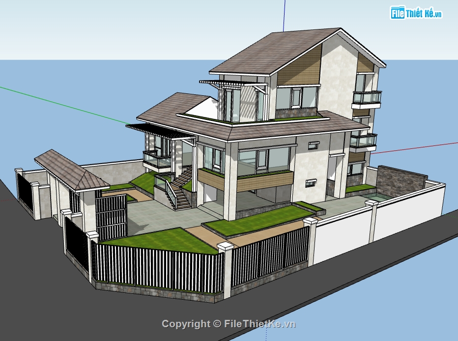 thiết kế 3d su biệt thự,file sketchup biệt thự 3 tầng,dựng 3d su biệt thự hiện đại