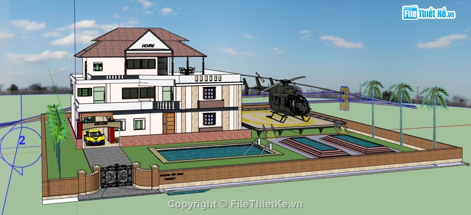 biệt thự 3 tầng file sketchup,file 3d su nhà biệt thự 3 tầng,bao cảnh biệt thự 3 tầng