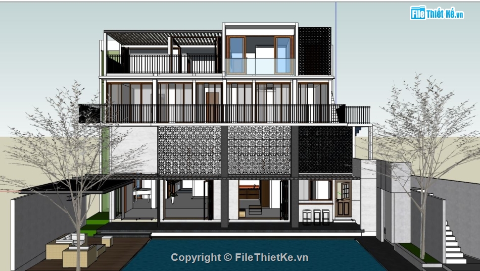 mẫu biệt thự 3 tầng su,file sketchup biệt thự 3 tầng,biệt thự 3 tầng su