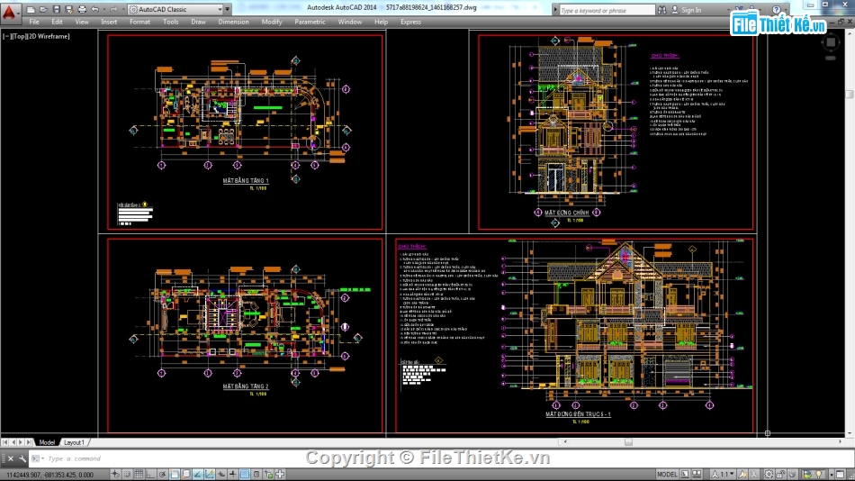 Biệt thự,file biệt thự 3 tầng,file cad biệt thự 3 tầng