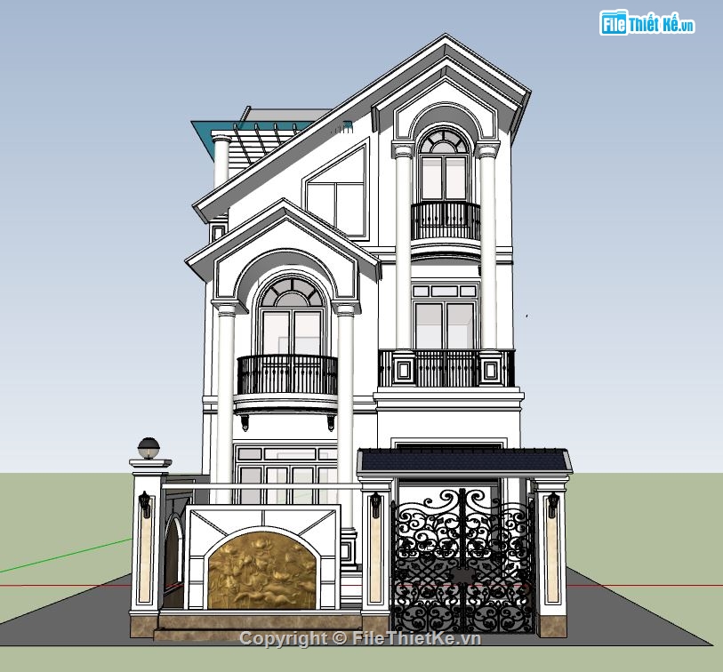 biệt thự 3 tầng mái lệch,su biệt thự 3 tầng,file sketchup biệt thự 3 tầng