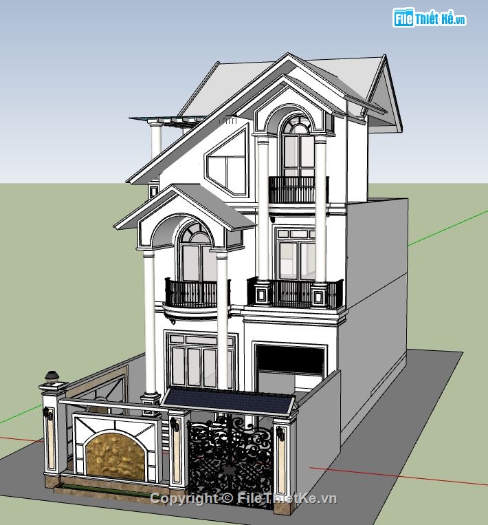 biệt thự 3 tầng mái lệch,su biệt thự 3 tầng,file sketchup biệt thự 3 tầng