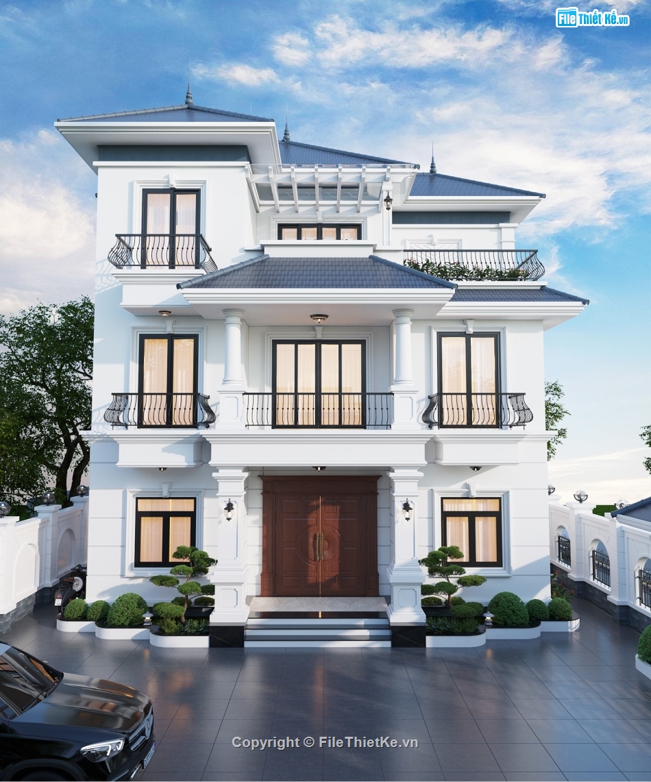 Bản vẽ biệt thự mái nhật,biệt thự 3 tầng mái nhật,biệt thự 3 tầng full file
