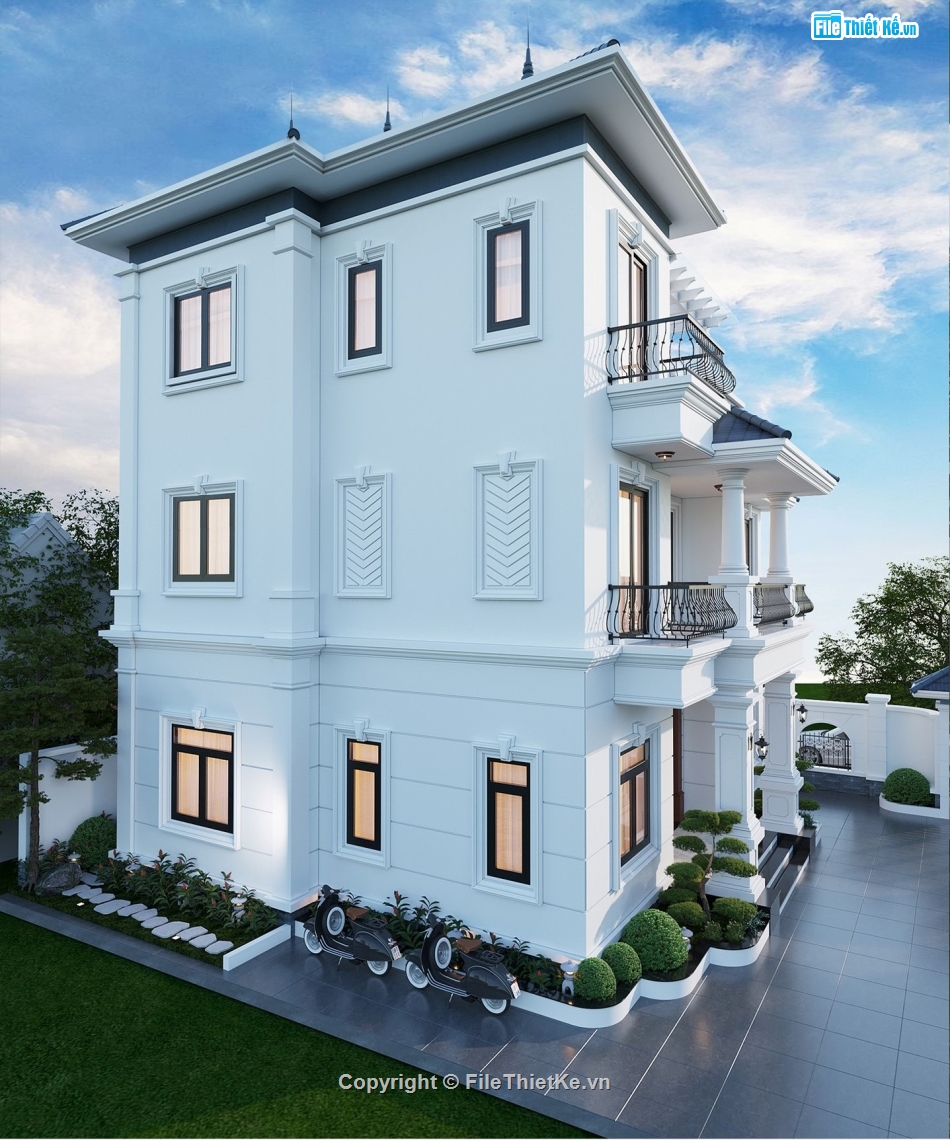 Bản vẽ biệt thự mái nhật,biệt thự 3 tầng mái nhật,biệt thự 3 tầng full file