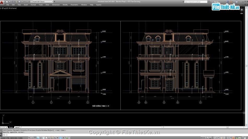Biệt thự,Biệt thự 3 tầng,file cad biệt thự 3 tầng