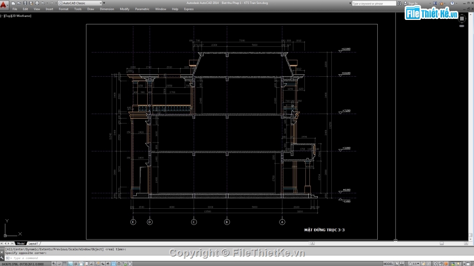 Biệt thự,Biệt thự 3 tầng,file cad biệt thự 3 tầng