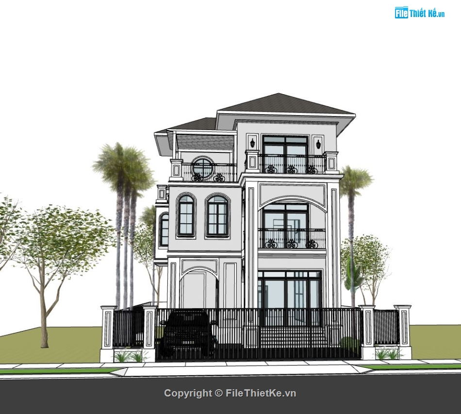 Biệt thự tân cổ điển,biệt thự 3 tầng sketchup,model su biệt thự 3 tầng,mẫu biệt thự đẹp