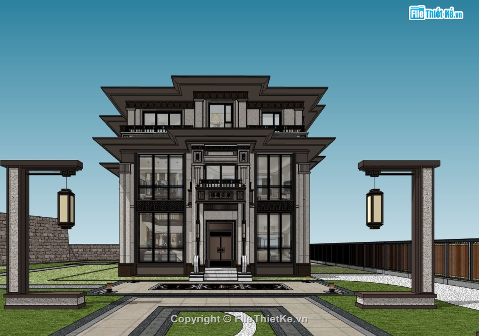 thiế kế biệt thự châu âu,model su biệt thự 3 tầng,sketchup biệt thự 3 tầng