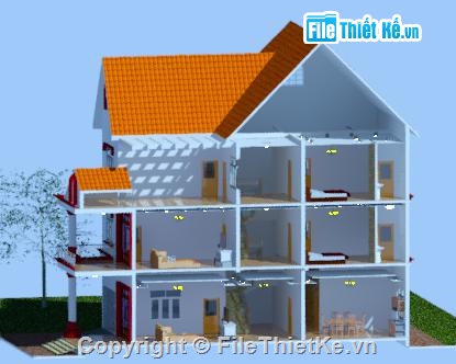 Revit biệt thự hiện đại,biệt thự 3 tầng 9x18.55m,bản vẽ biệt thự 1 trệt 2 lầu,Thiết kế biệt thự hiện đại