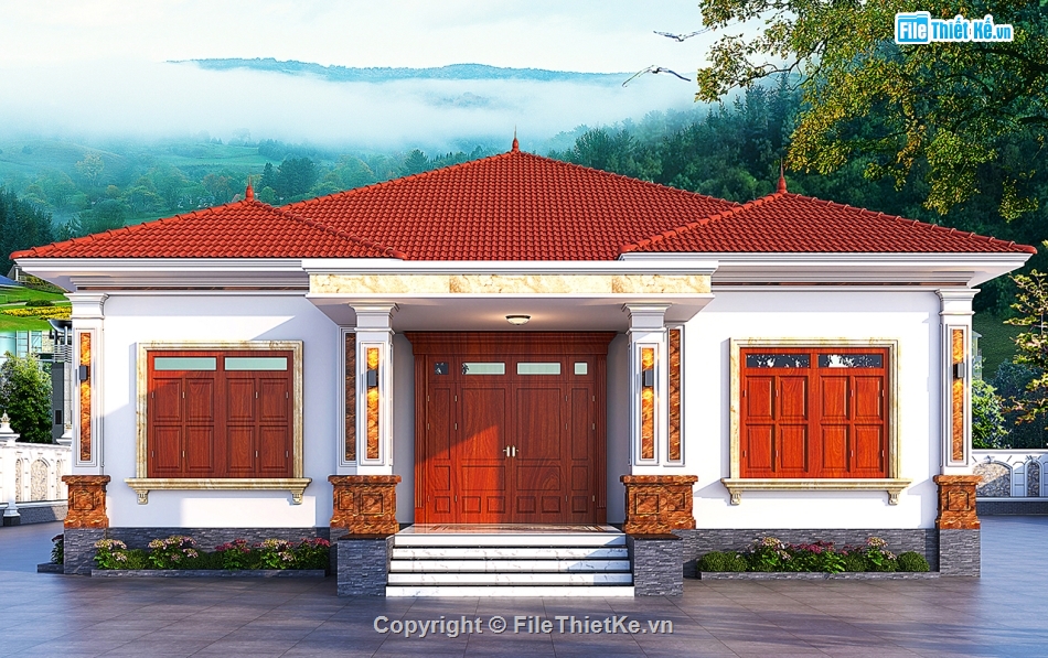 Biệt thự,File cad biệt thự 1 tầng,bản vẽ biệt thự 1 tầng