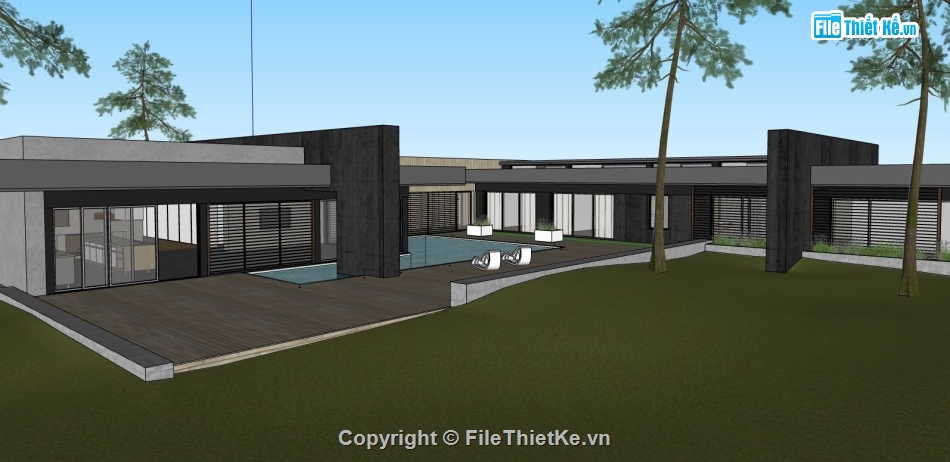 model su biệt thự 1 tầng,file sketchup biệt thự 1 tầng,mẫu biệt thự 1 tầng