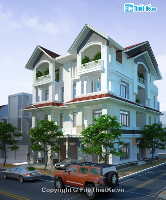 Biệt thự 3 tầng,Biệt thự song lập,file cad 3 tầng