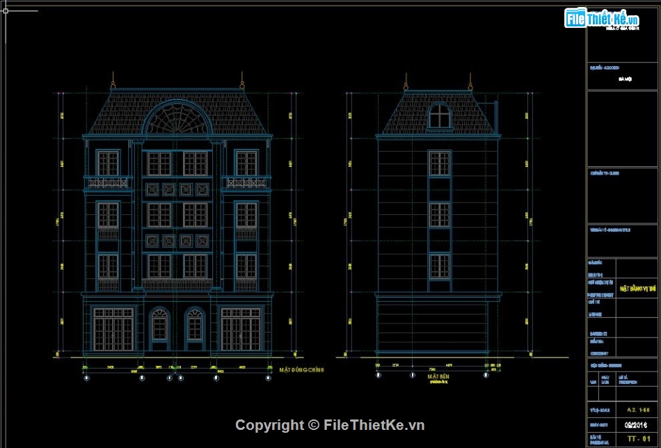 Biệt thự song lập,biệt thự 4 tầng,file cad biệt thự 4 tầng