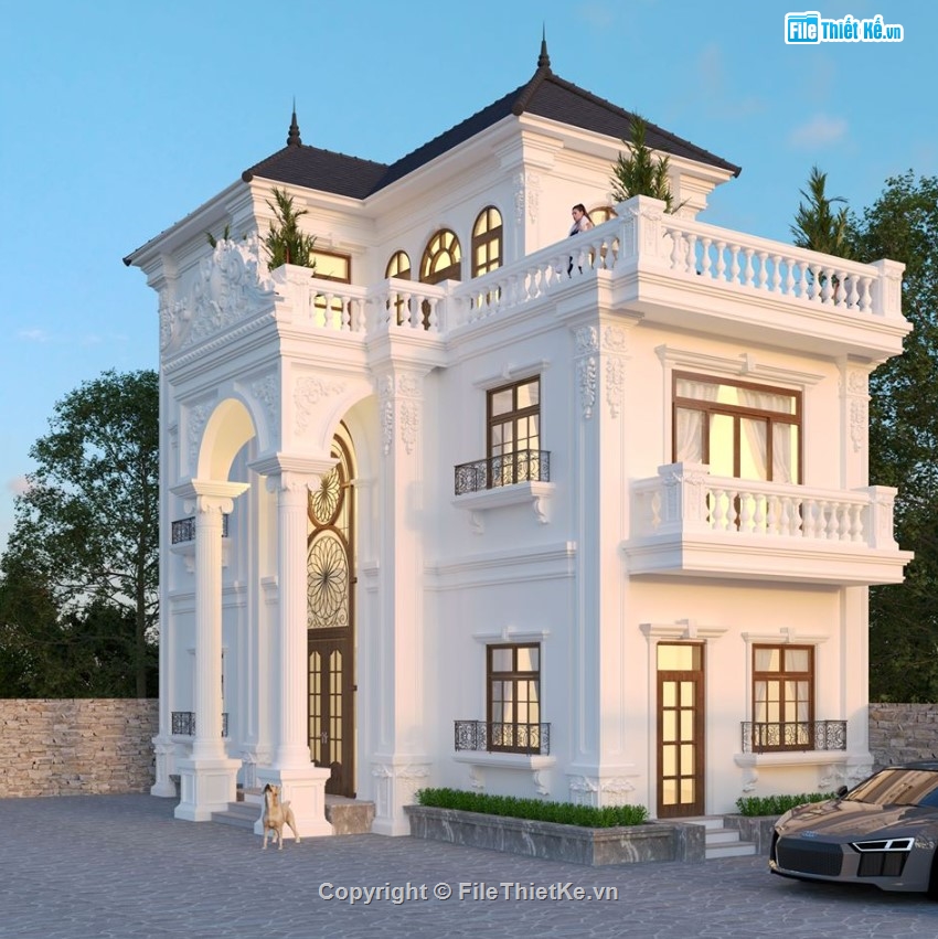 biệt thự cổ điển 3 tầng,biệt thự tân cổ 3 tầng,sketchup biệt thự 3 tầng