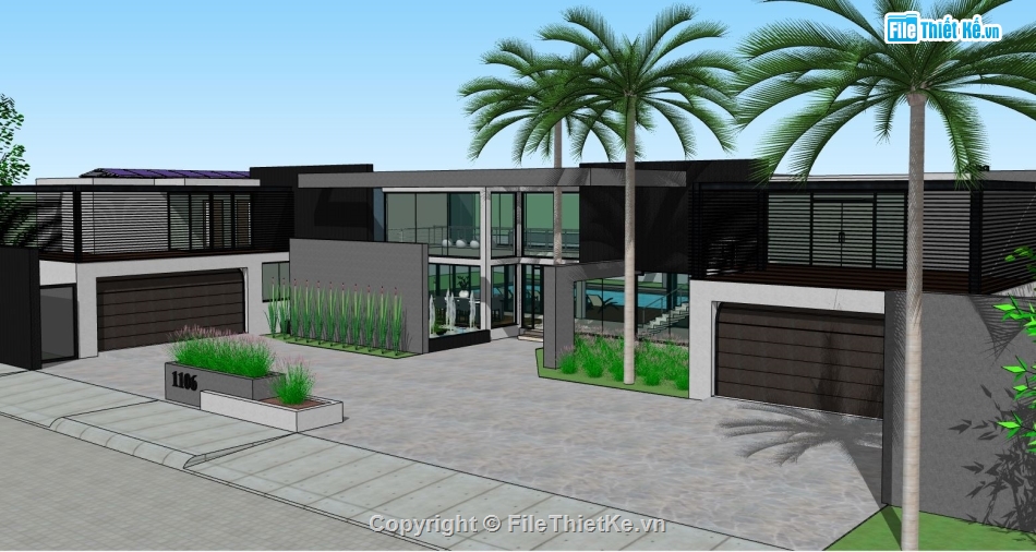 sketchup Biệt thự  1 tầng,biệt thự model su 1 tầng,biệt thự villa