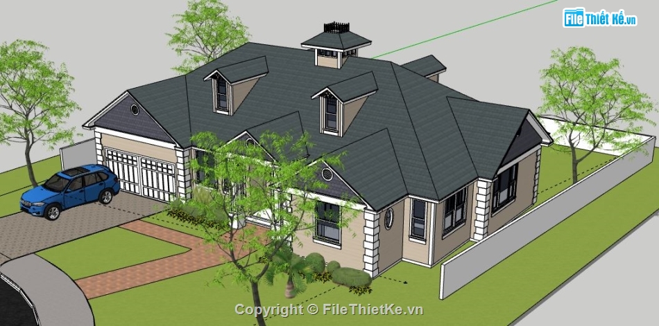 Biệt thự vườn 1 tầng,File sketchup biệt thự 1 tầng,biệt thự vườn 1 tầng,model su biệt thự 1 tầng