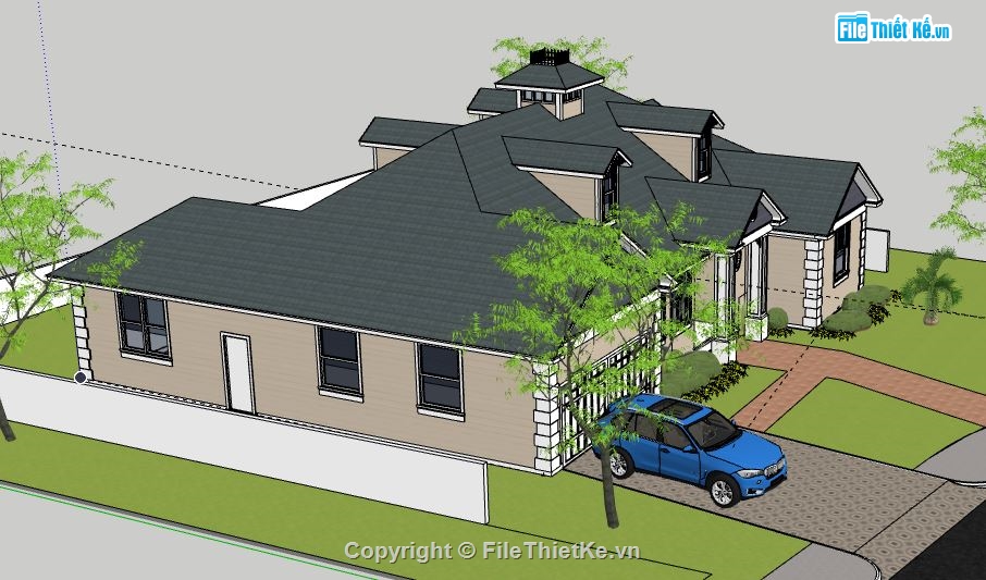 Biệt thự vườn 1 tầng,File sketchup biệt thự 1 tầng,biệt thự vườn 1 tầng,model su biệt thự 1 tầng