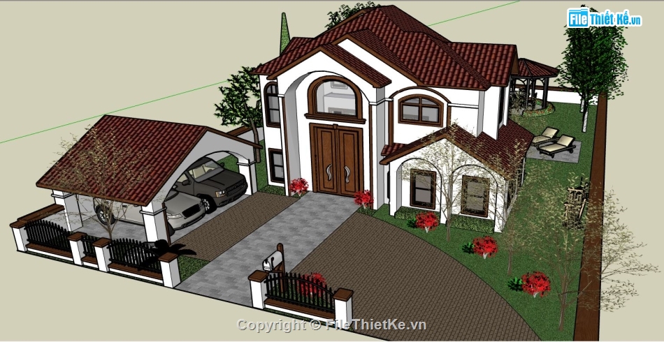 Biệt thự vườn 1 tầng,biệt thự vườn file su,biệt thự vườn sketchup,mẫu biệt thự 1 tầng