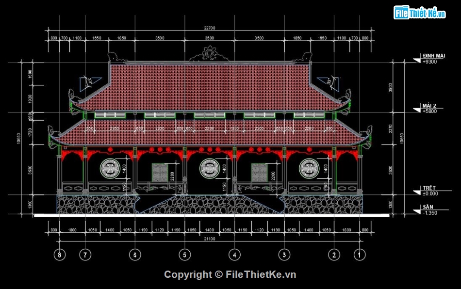 bản vẽ chùa đẹp,thiết kế chùa 10.9x21.1m,bản vẽ nhà chính điện 10.9x21.1m,thiết kế chùa 2 mái