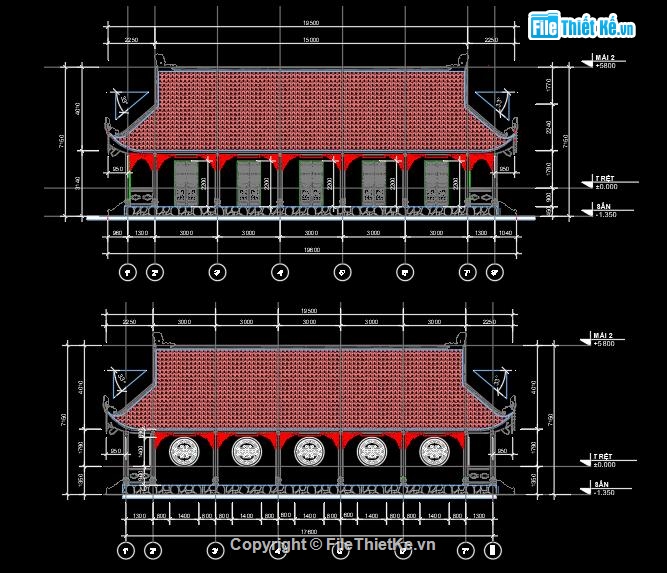 bản vẽ chùa đẹp,thiết kế chùa 10.9x21.1m,bản vẽ nhà chính điện 10.9x21.1m,thiết kế chùa 2 mái