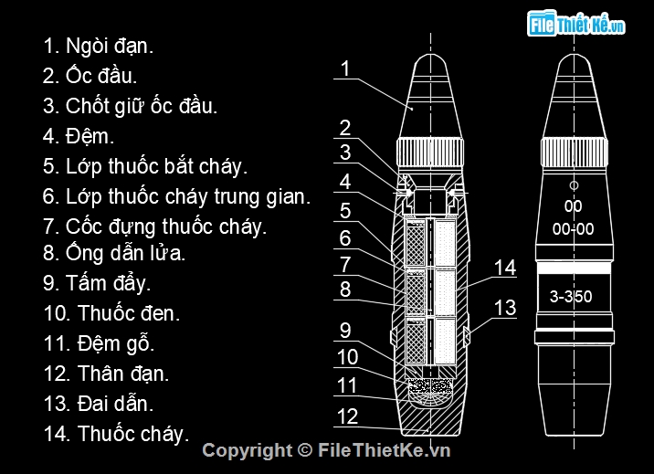 File cad đầu đạn,Đầu đạn quân sự,Bản vẽ chi tiết 4 loại đầu đạn,Bản vẽ cấu tạo 4 loại đầu đạn