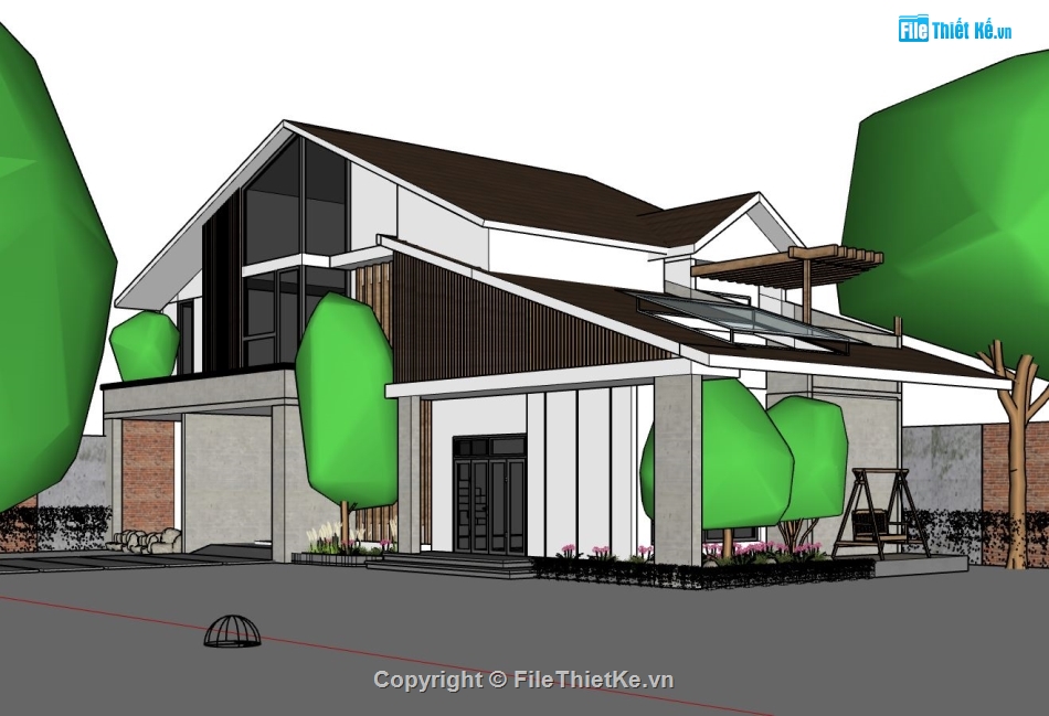 bao cảnh villa 2 tầng sketchup,villa 2 tầng file sketchup,model villa,mẫu villa su