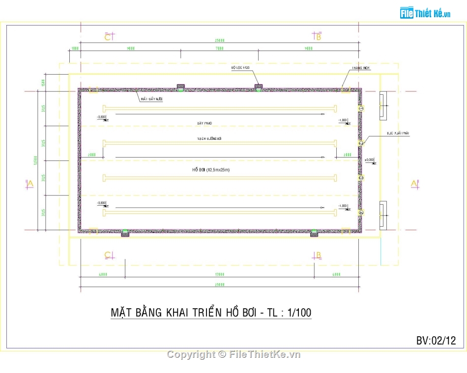 thiết kế hồ bơi,autocad hồ bơi,bản vẽ hồ bơi,hồ bơi 12.5x25m,hồ bơi long an