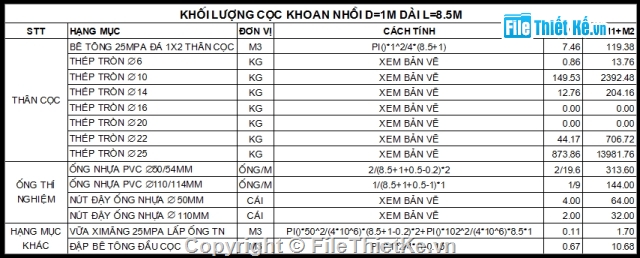 cọc khoan nhồi,cọc D1000,khoan nhồi,chi tiết,khối lượng,ống vách