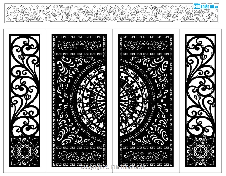 cổng họa tiết trống đồng,file cad cổng cắt cnc,cổng 2 cánh cnc