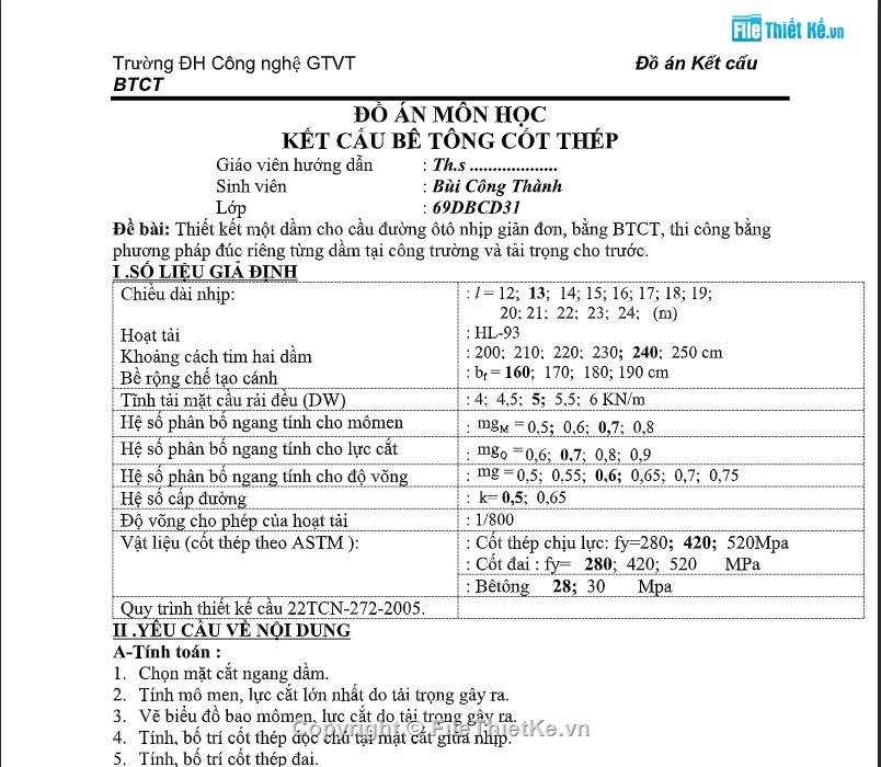 Đồ án BTCT,đồ án BTCT 1,Dầm T L=13m No3