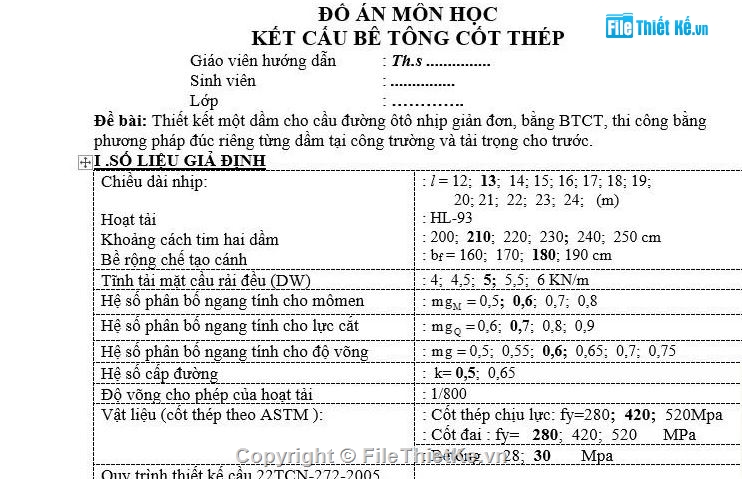 Đồ án BTCT,đồ án BTCT 1,DA BTCT – Dầm T L=13m
