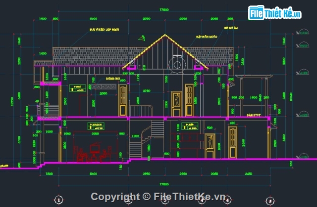 6.2x17m,bản vẽ biệt thự 2 tầng,cad + sketchup biệt thự 2 tầng,biêt thự 2 tầng full két cấu