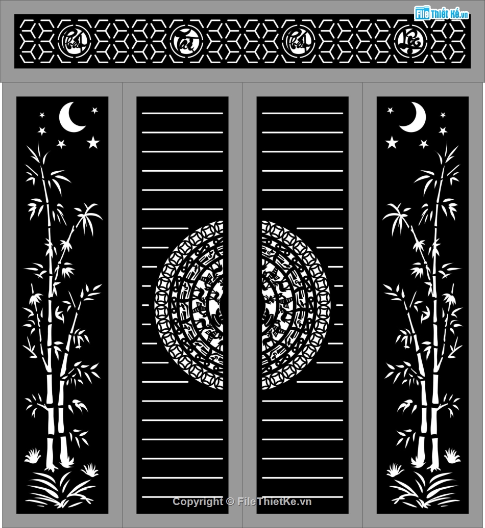 Cổng 4 cánh trống đồng trúc,file dxf cổng 4 cánh,cổng trống đồng trúc