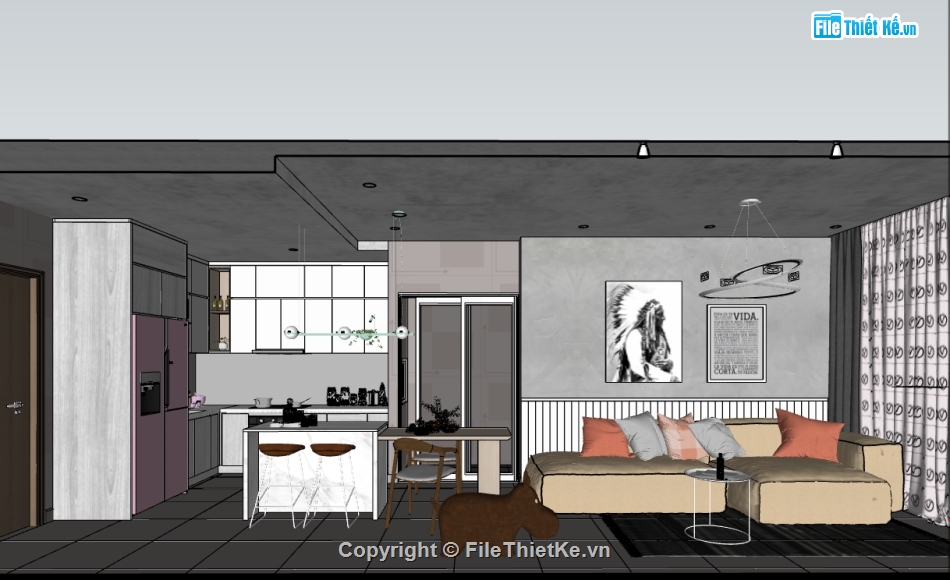 file su khách bếp,model su phòng khách,phòng khách hiện đại,sketchup nội thất phòng khách bếp