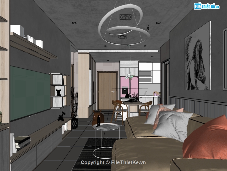 file su khách bếp,model su phòng khách,phòng khách hiện đại,sketchup nội thất phòng khách bếp
