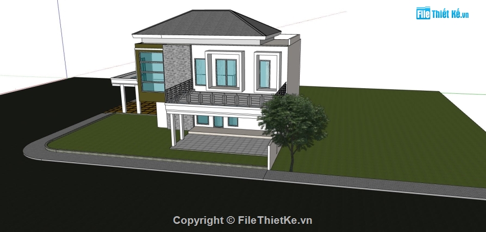 phối cảnh biệt thự 2 tầng,biệt thự 2 tầng,file sketchup biệt thự 2 tầng,thiết kế biệt thự 2 tầng