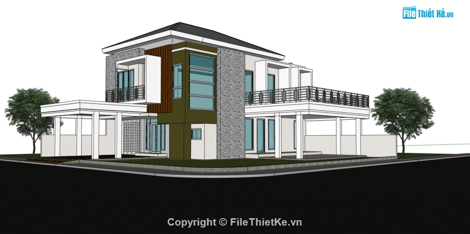 phối cảnh biệt thự 2 tầng,biệt thự 2 tầng,file sketchup biệt thự 2 tầng,thiết kế biệt thự 2 tầng