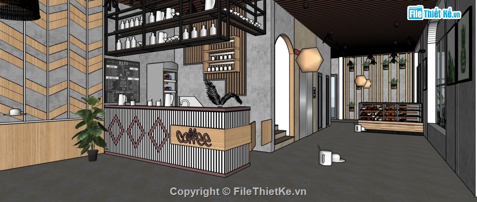 sketchup quán cafe,quán cafe sketchup,mẫu quán cafe đẹp,model su quán cafe