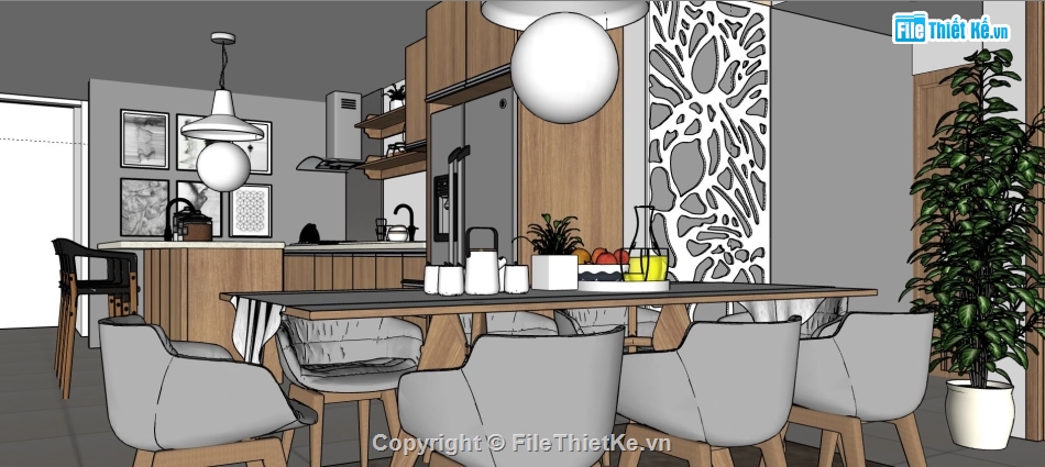 sketchup phòng khách hiện đại,model su khách bếp hiện đại,thiết kế khách bếp su