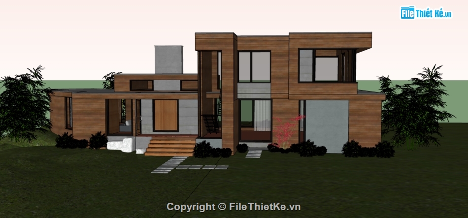 dựng sketchup biệt thự 2 tầng,file 3d su nhà biệt thự 2 tầng,bao cảnh biệt thự model su