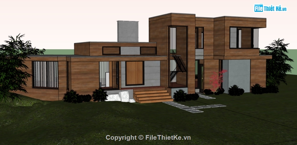 dựng sketchup biệt thự 2 tầng,file 3d su nhà biệt thự 2 tầng,bao cảnh biệt thự model su