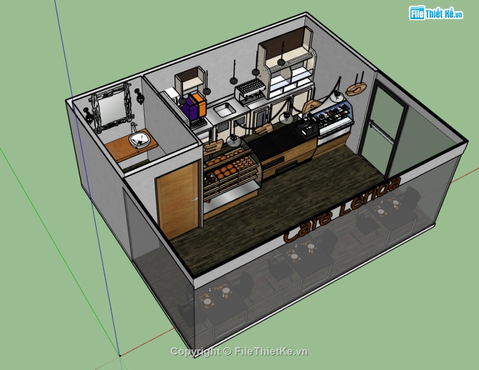 quán cafe dựng sketchup,file 3d su dựng quán cafe,thiết kế nội thất quán cafe
