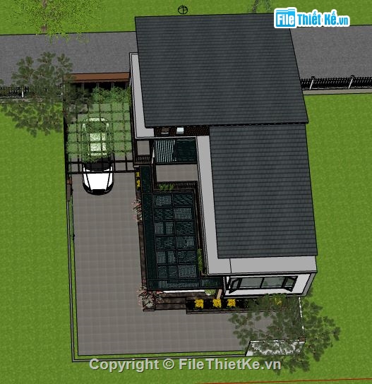 biệt thự 2 tầng 8.8x15.6m,file sketchup biệt thự 2 tầng,dựng model su nhà biệt thự,biệt thự mái lệch file Su