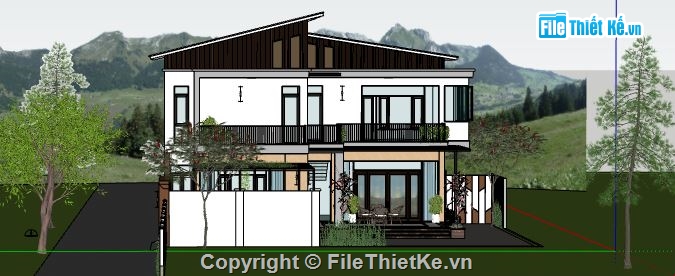 biệt thự 2 tầng 8.8x15.6m,file sketchup biệt thự 2 tầng,dựng model su nhà biệt thự,biệt thự mái lệch file Su